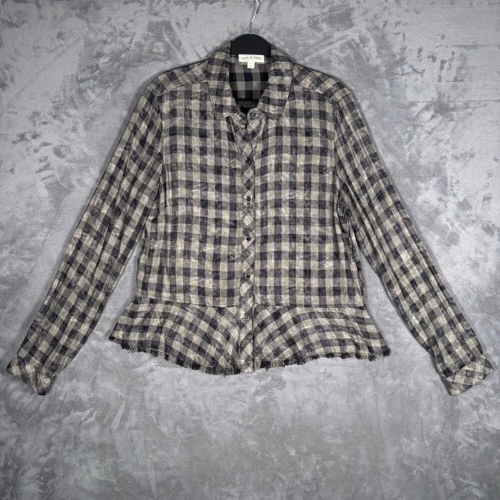 Cloth & Stone Plaid Button Front Peplum Shirt Green Black Medium